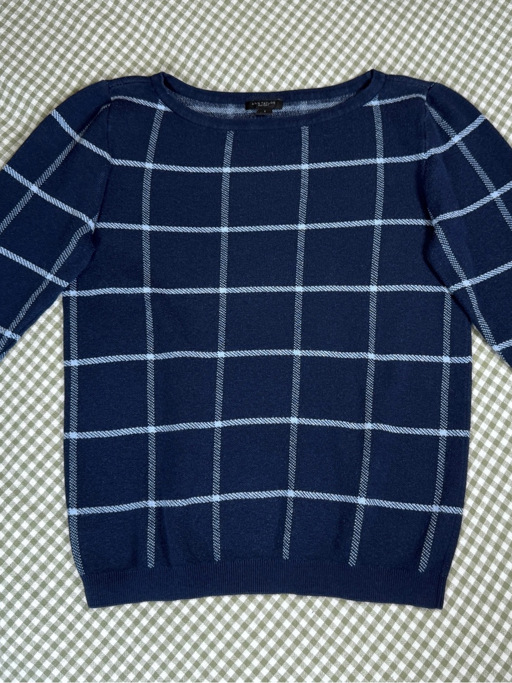 Ann Taylor Navy Crewneck Sweater with Light Blue Windowpane